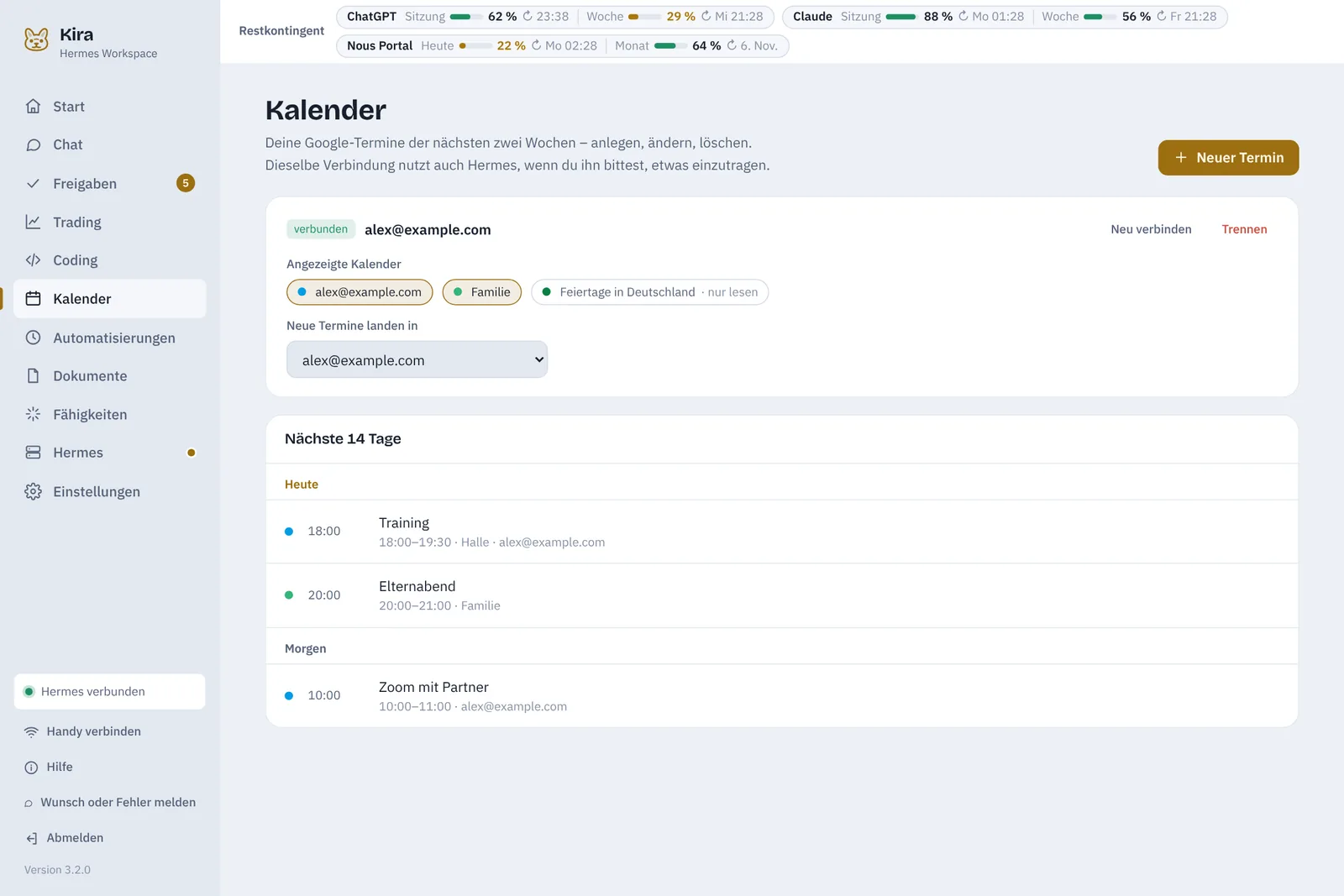 Kalender in Kira mit verbundenem Google-Konto und den Terminen der nächsten 14 Tage