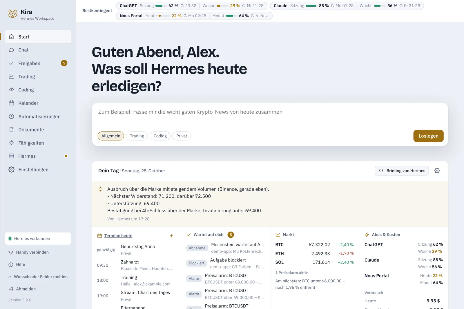Startseite von Kira: Begrüßung, Eingabefeld für Hermes und „Dein Tag“ mit Terminen, Wartendem, Markt und Abo-Kontingent