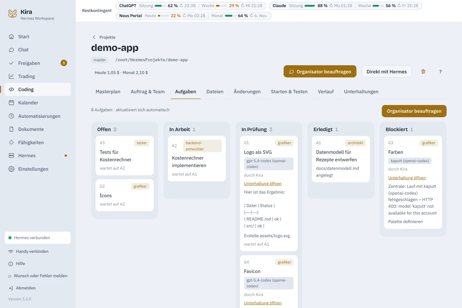 Aufgaben-Board eines Coding-Projekts mit den Spalten Offen, In Arbeit, In Prüfung, Erledigt und Blockiert