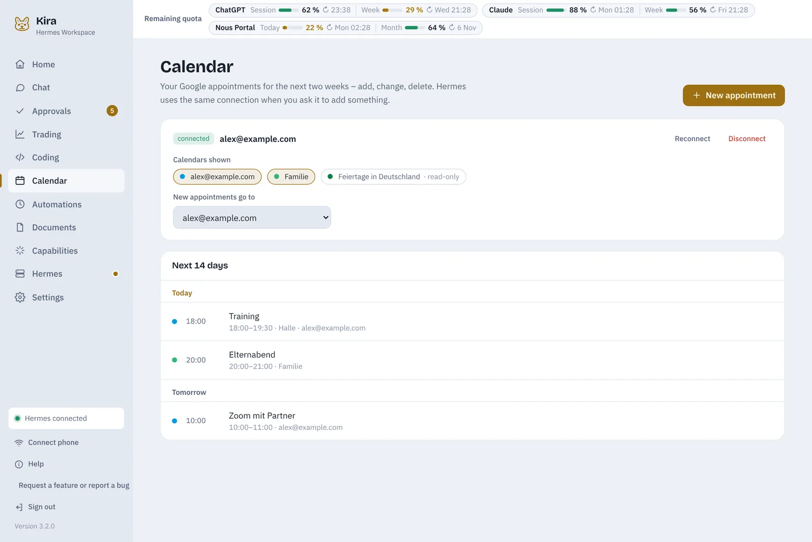 Calendar in Kira with a connected Google account and the next 14 days of appointments