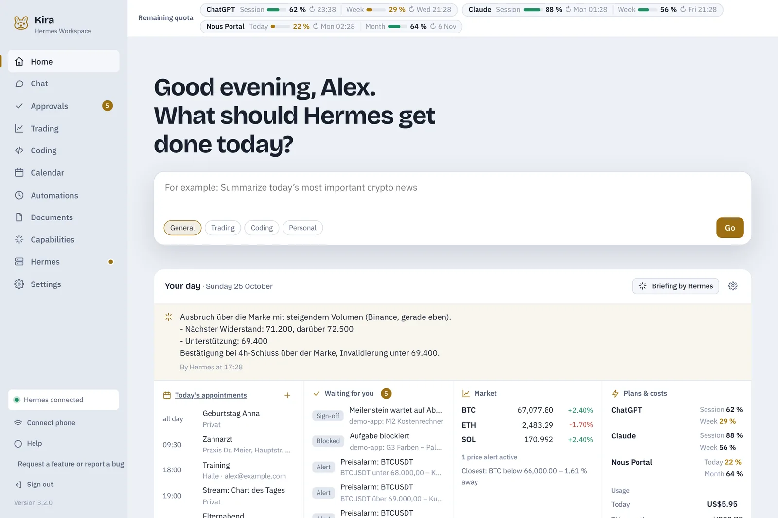 Kira’s home page: greeting, a prompt for Hermes and “Your day” with appointments, things waiting for you, market and subscription quota